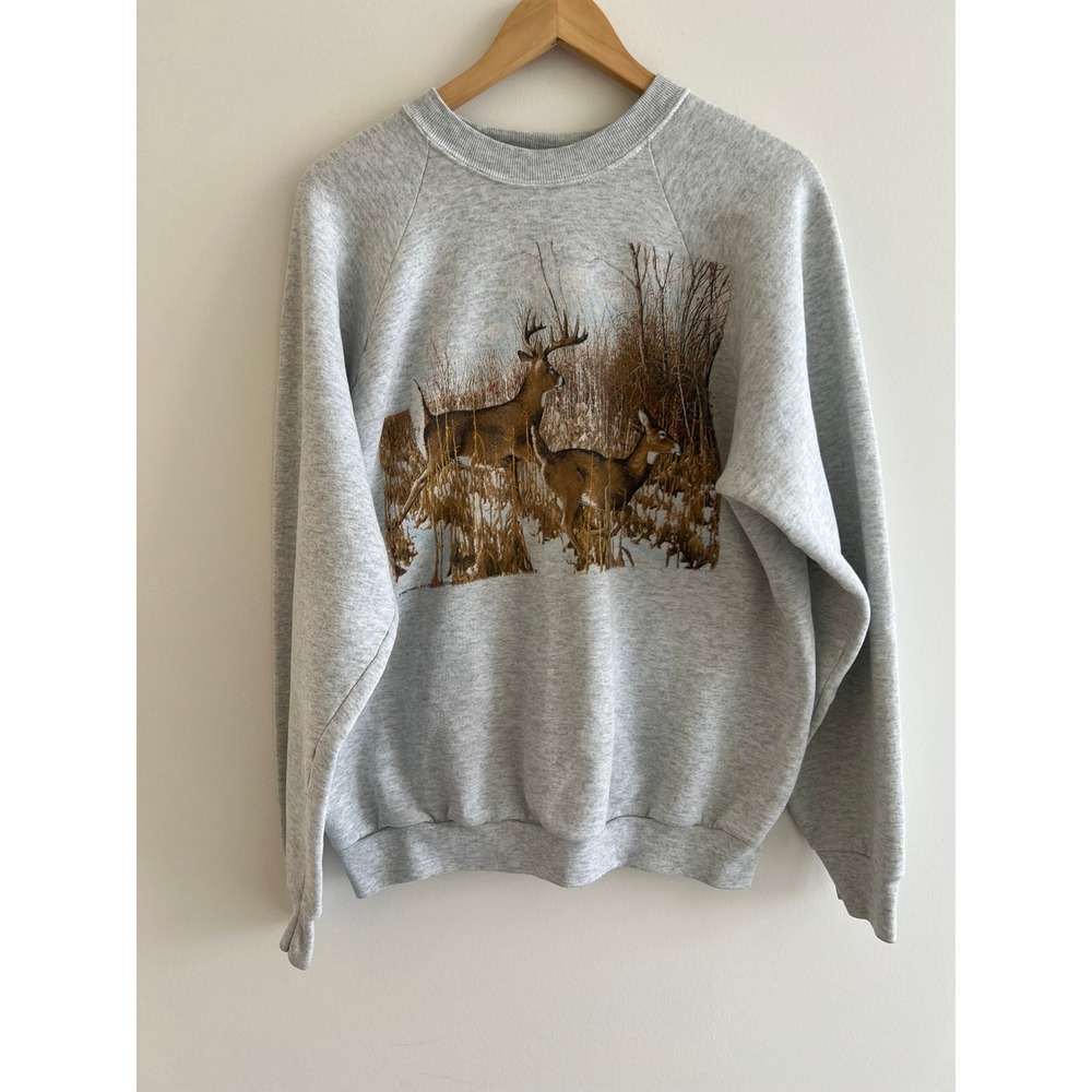 Vintage 90s XL Deer Wildlife Graphic Crewneck Gorpcore USA Cabin Retro Rustic
